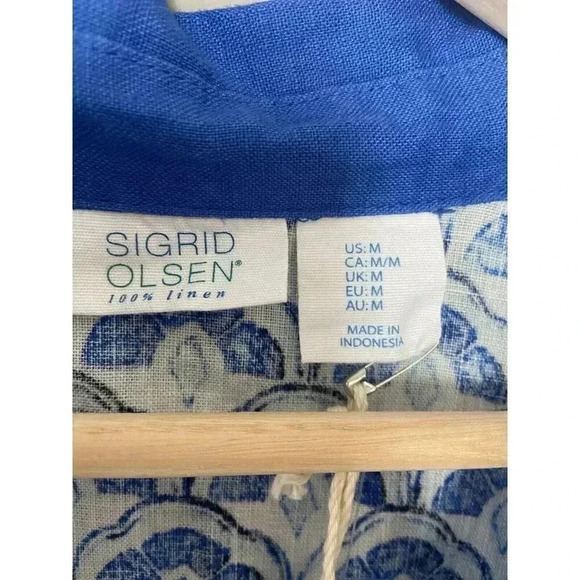 Sigrid Olsen 100% Linen Blouse Size Medium Blue white 3/4 Sleeve Shirt Resort - Picture 4 of 10
